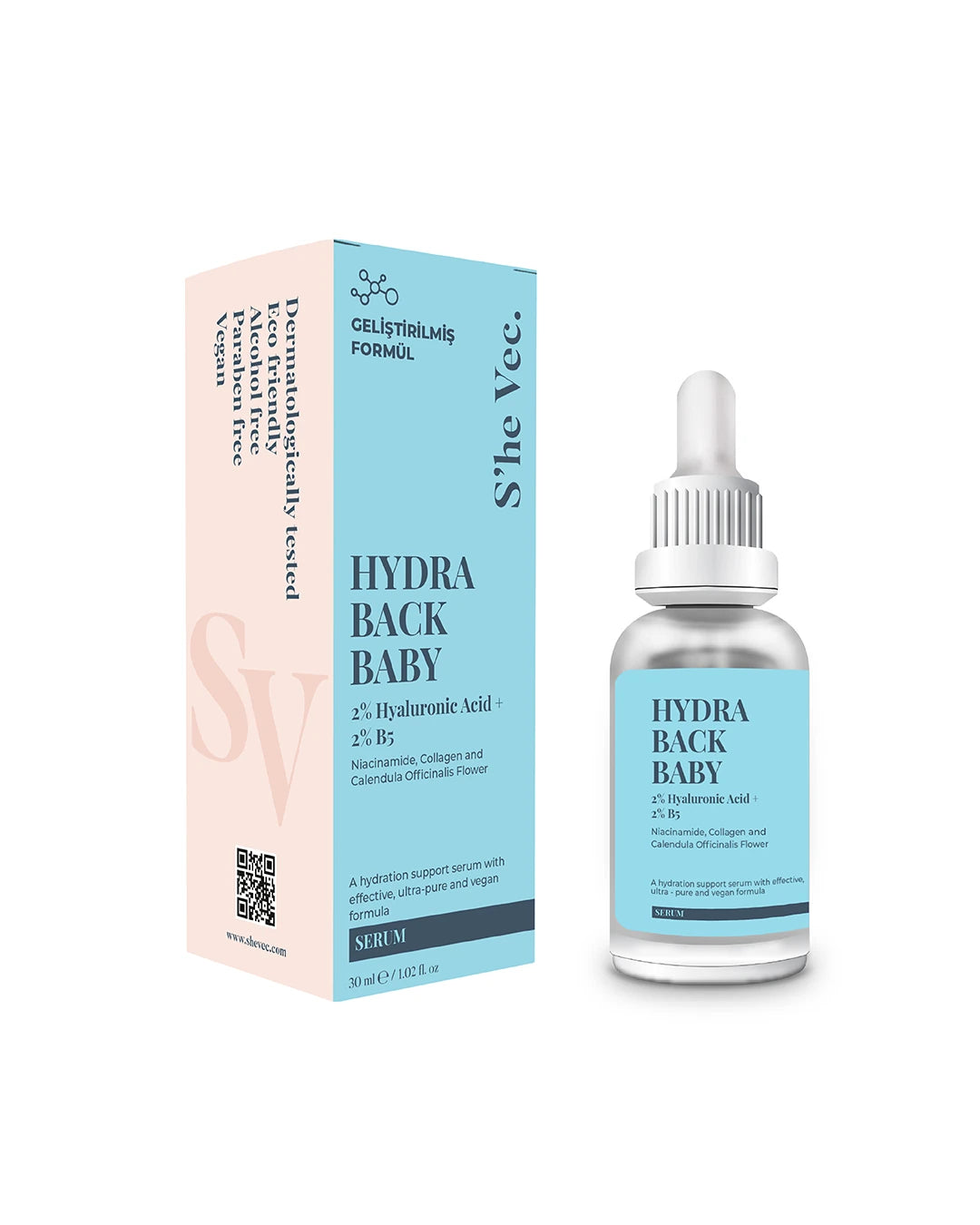She Vec, HYDRA BACK BABY - Prebiyotik Aktiviteli Yoğun Nemlendirme Etkili Hyalüronik Asit Cilt Serumu (30 ml)
