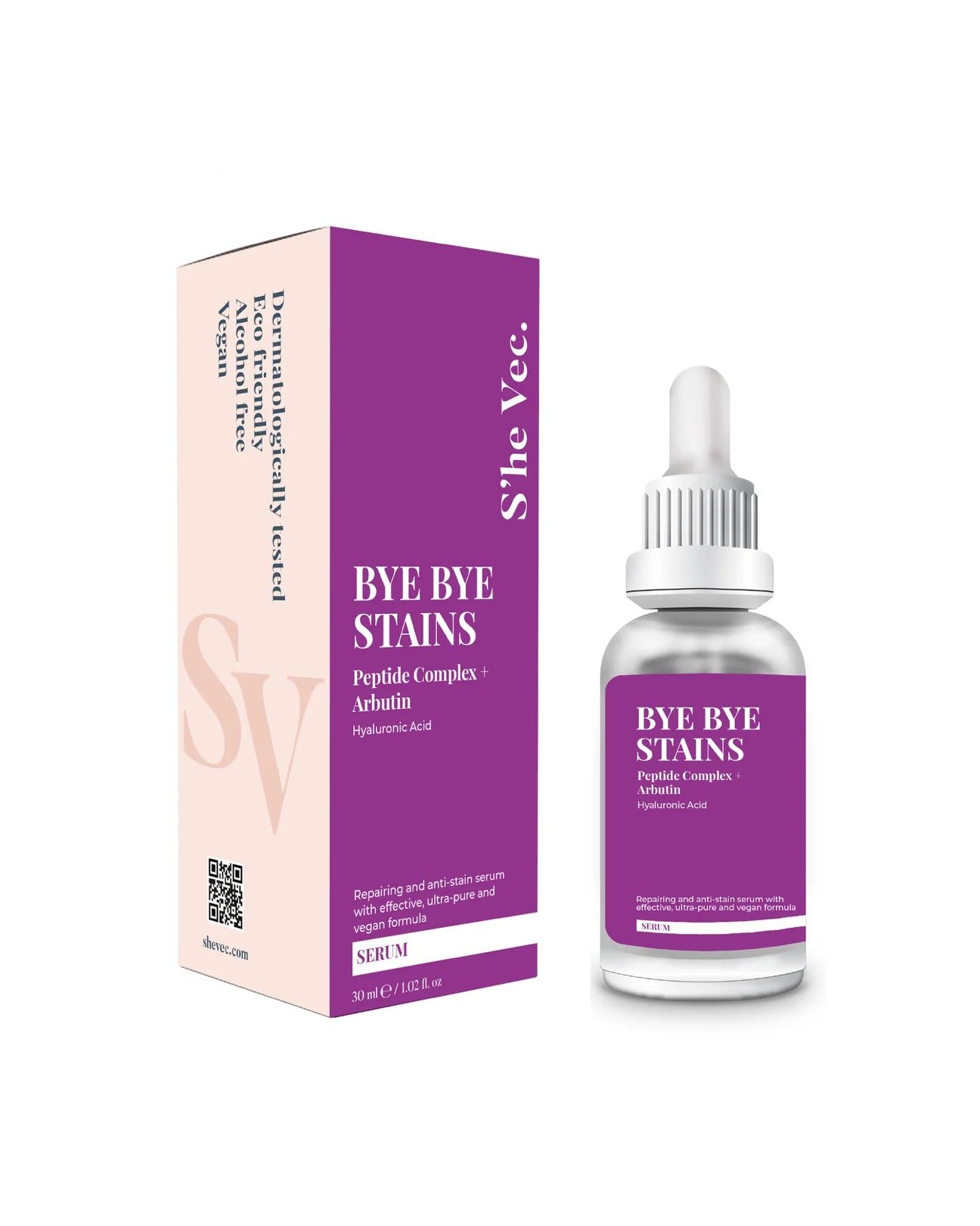 SHE VEC,  BYE BYE STAINS – Leke Karşıtı, Yenileyici, Onarıcı Arbutin ve Peptit Kompleksi İçeren Serum (30 ml)