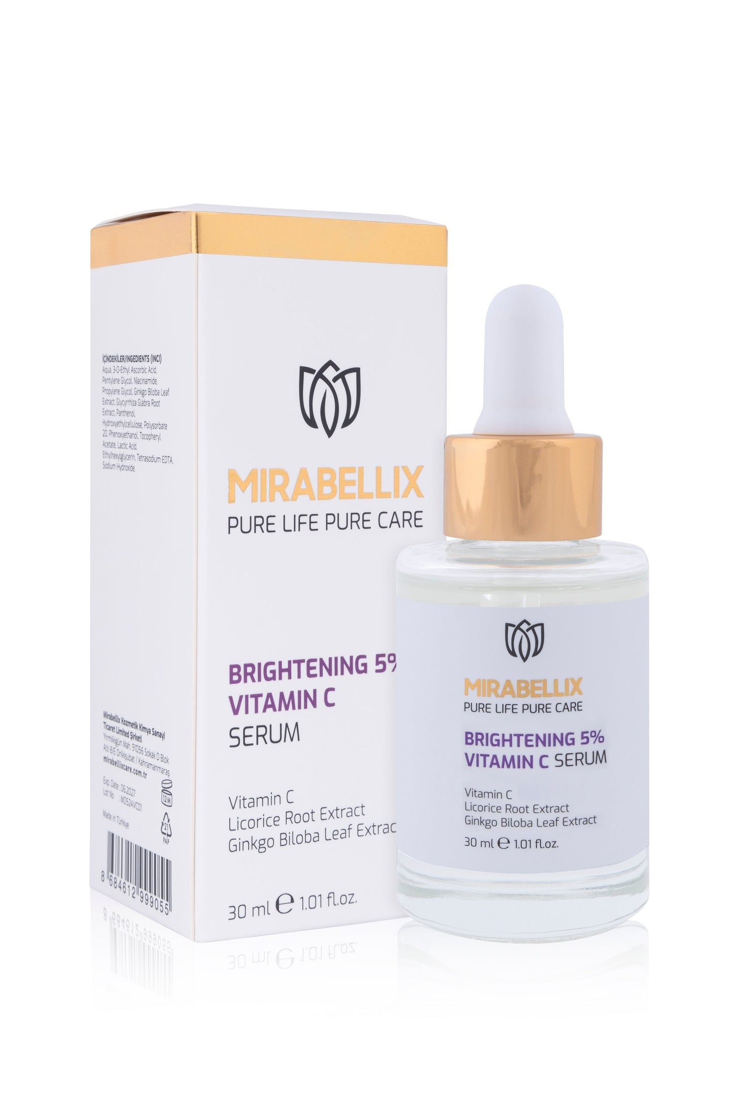 Mirabellix, Aydınlatıcı %5 C Vitamini & Niasinamid İçeren Serum – Meyan Kökü ve Ginkgo Biloba Özlü 30 ml