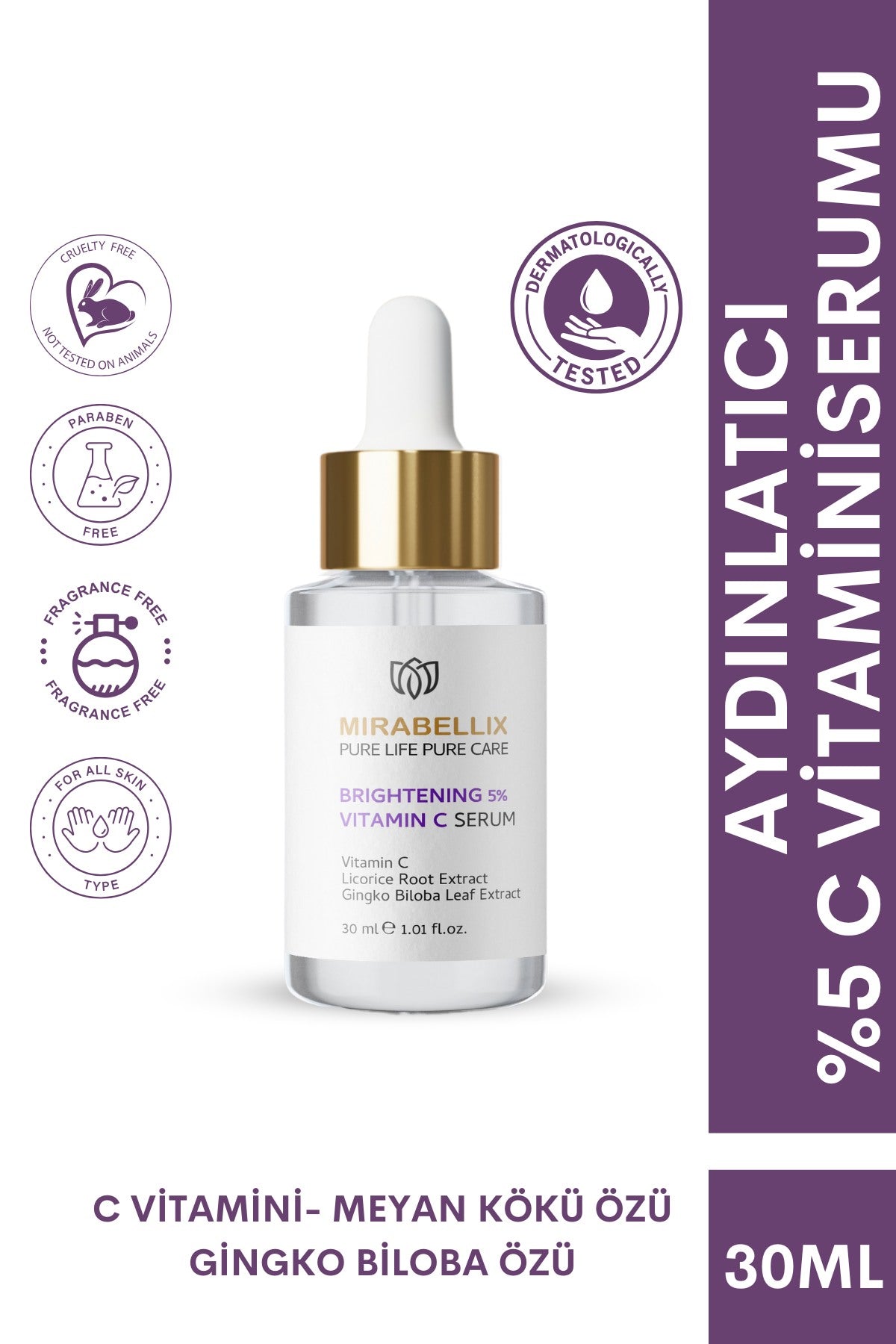 Mirabellix, Aydınlatıcı %5 C Vitamini & Niasinamid İçeren Serum – Meyan Kökü ve Ginkgo Biloba Özlü 30 ml