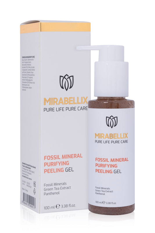 Mirabellix, Fosil Mineral & Yeşil Çay Özlü Arındırıcı Peeling Yüz Yıkama Jeli – Pantenol ve Pirinç Kepeği Yağı Destekli 100 ml