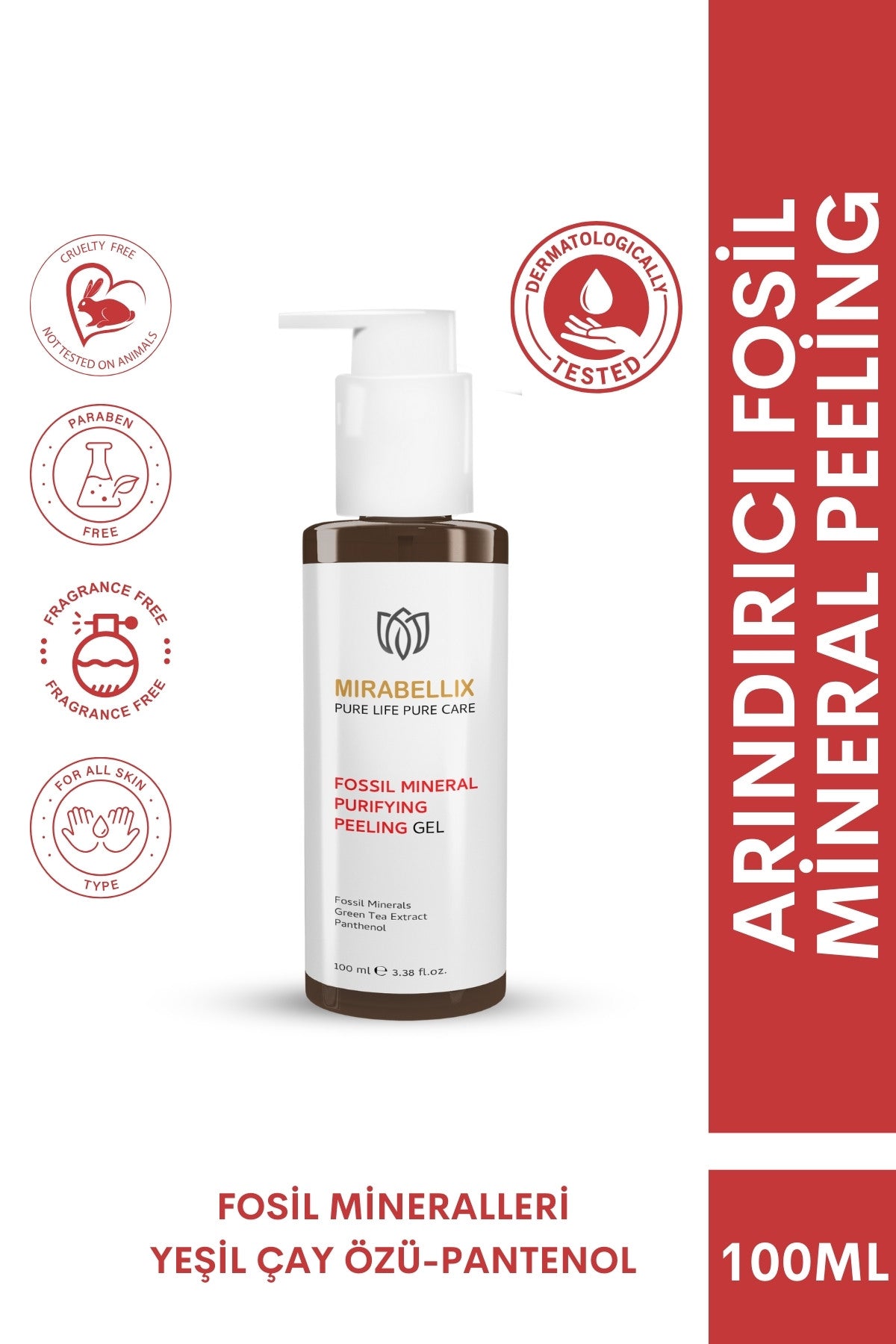 Mirabellix, Fosil Mineral & Yeşil Çay Özlü Arındırıcı Peeling Yüz Yıkama Jeli – Pantenol ve Pirinç Kepeği Yağı Destekli 100 ml