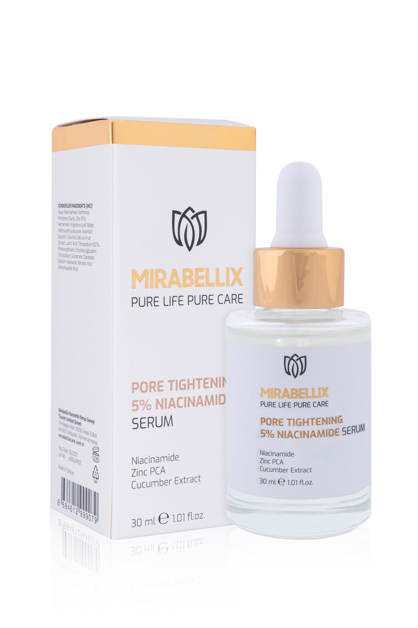 Mirabellix, Gözenek Sıkılaştırıcı %5 Niasinamid & Çinko PCA İçeren Aydınlatıcı ve Yatıştırıcı Serum – Salatalık Özlü 30 ml