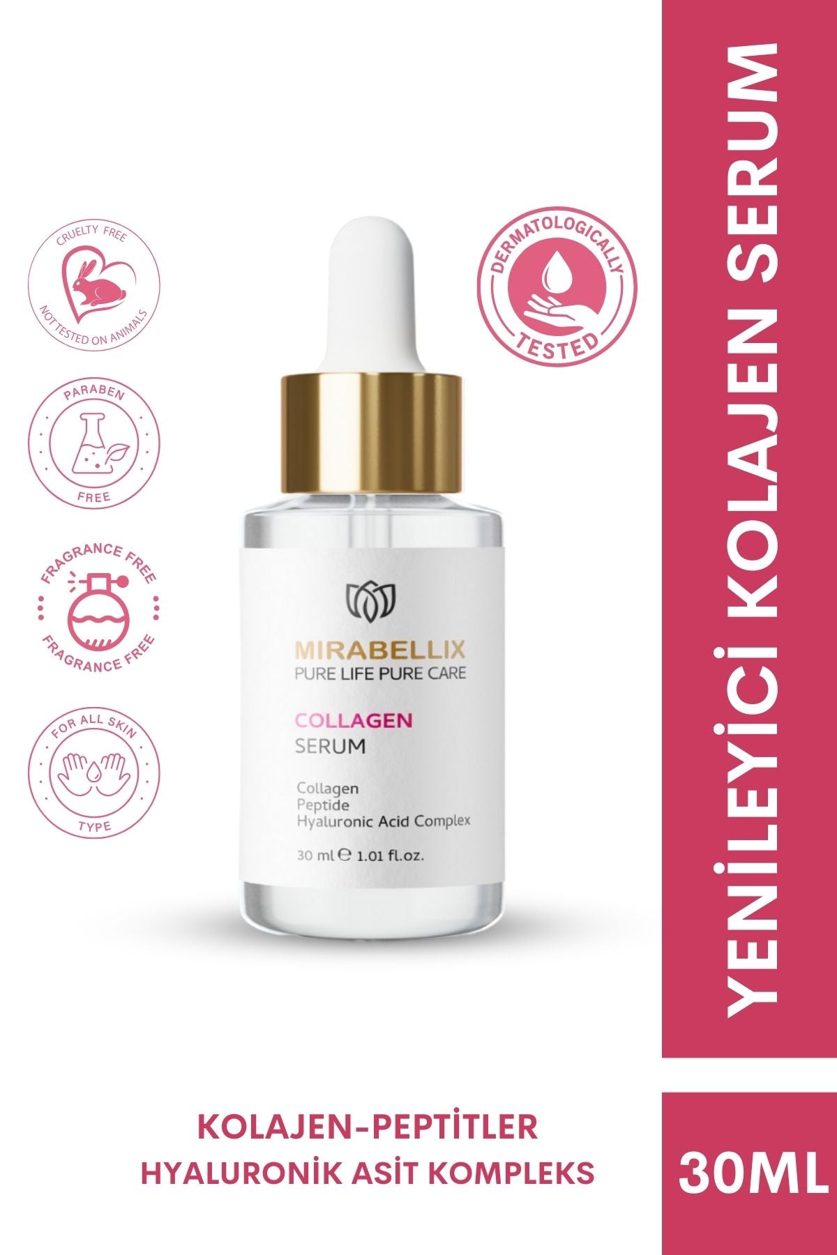 Mirabellix, Elastikiyet Arttırıcı ve Kırışıklık Karşıtı Kolajen & Peptit Serum – Hyaluronik Asit Kompleksi Destekli 30 ml