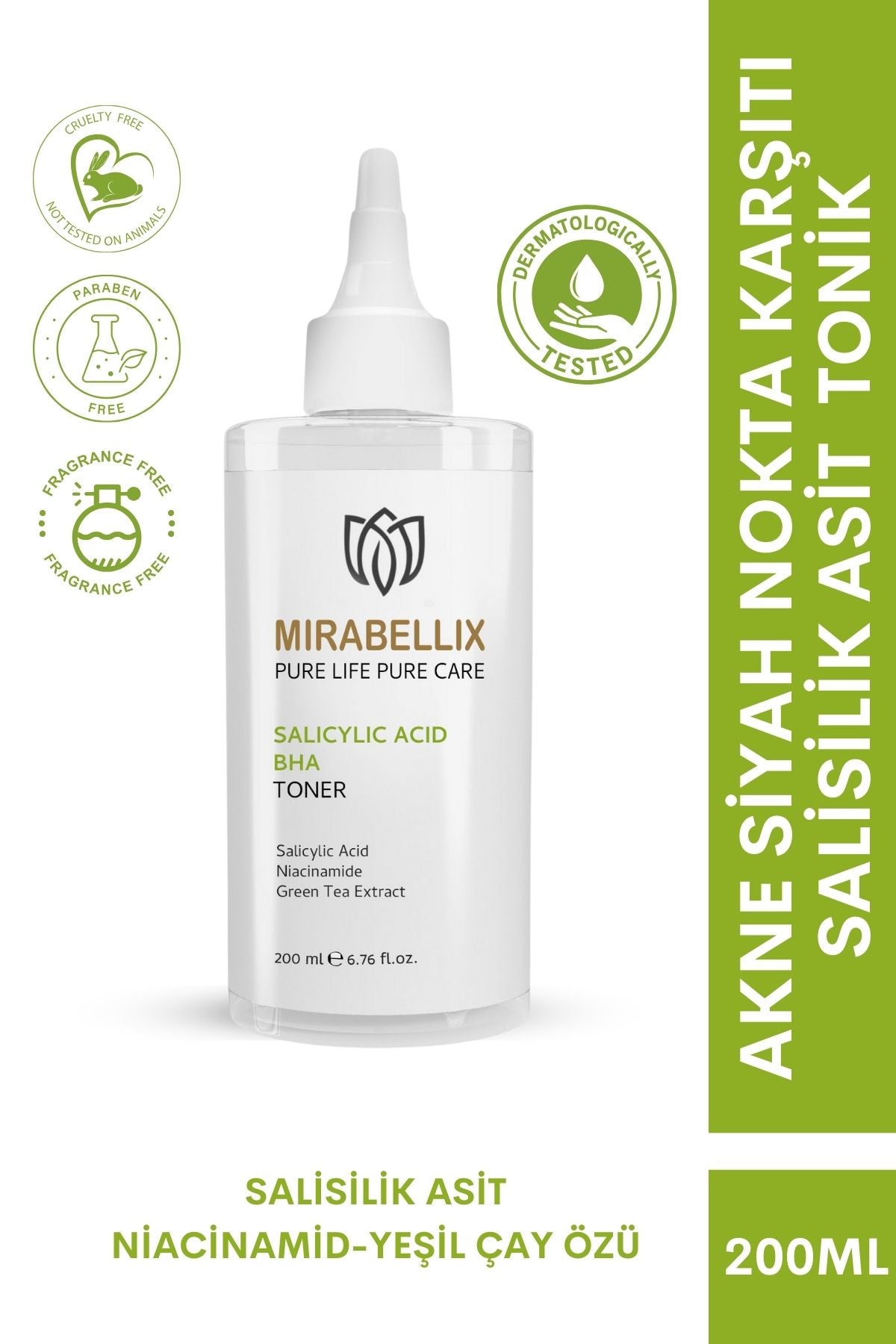 Mirabellix, Salisilik Asit (BHA), Niasinamid ve Yeşil Çay Özlü Gözenek Temizleyici ve Akne Karşıtı Tonik – 200 ml
