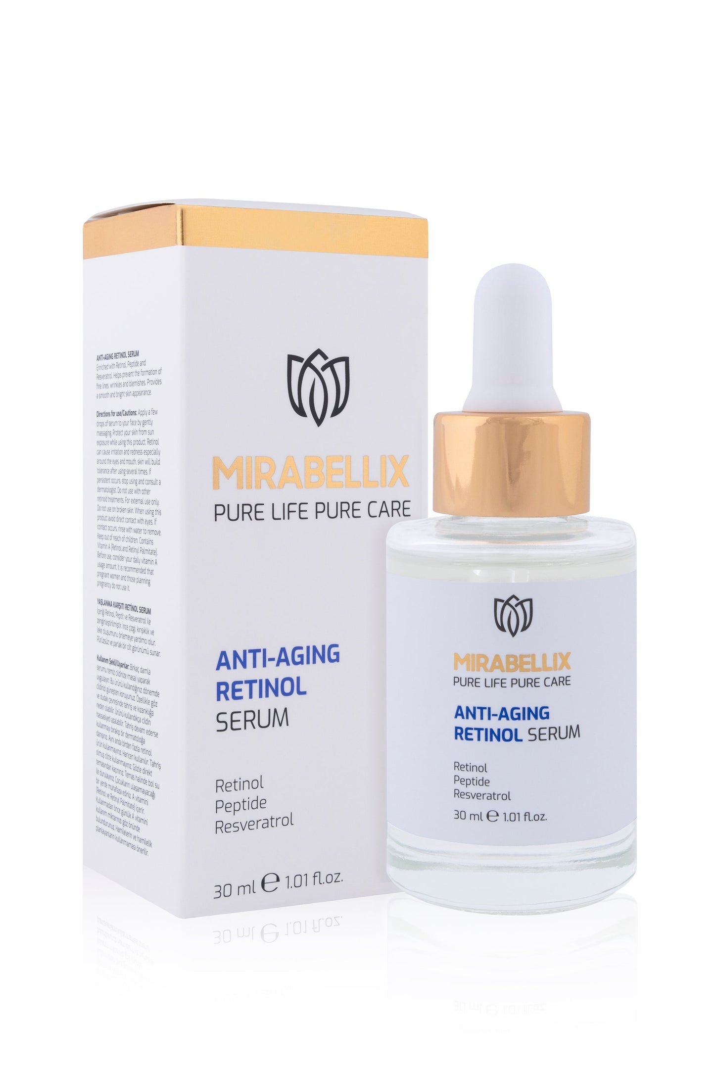 Mirabellix, Retinol, Peptit İçeren Yaşlanma Karşıtı ve Cilt Yenileyici Serum – İnce Çizgi ve Leke Karşıtı 30 ml