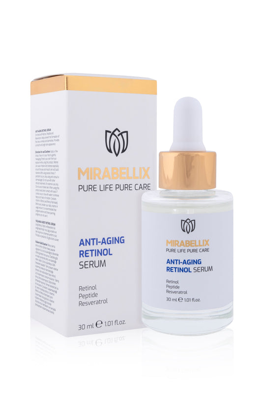 Mirabellix, Retinol, Peptit İçeren Yaşlanma Karşıtı ve Cilt Yenileyici Serum – İnce Çizgi ve Leke Karşıtı 30 ml