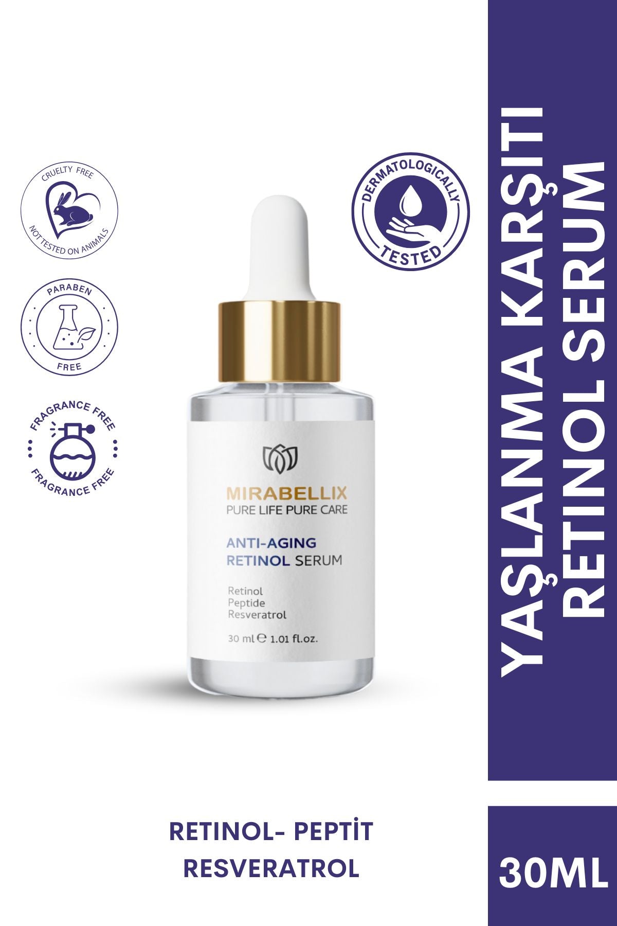 Mirabellix, Retinol, Peptit İçeren Yaşlanma Karşıtı ve Cilt Yenileyici Serum – İnce Çizgi ve Leke Karşıtı 30 ml