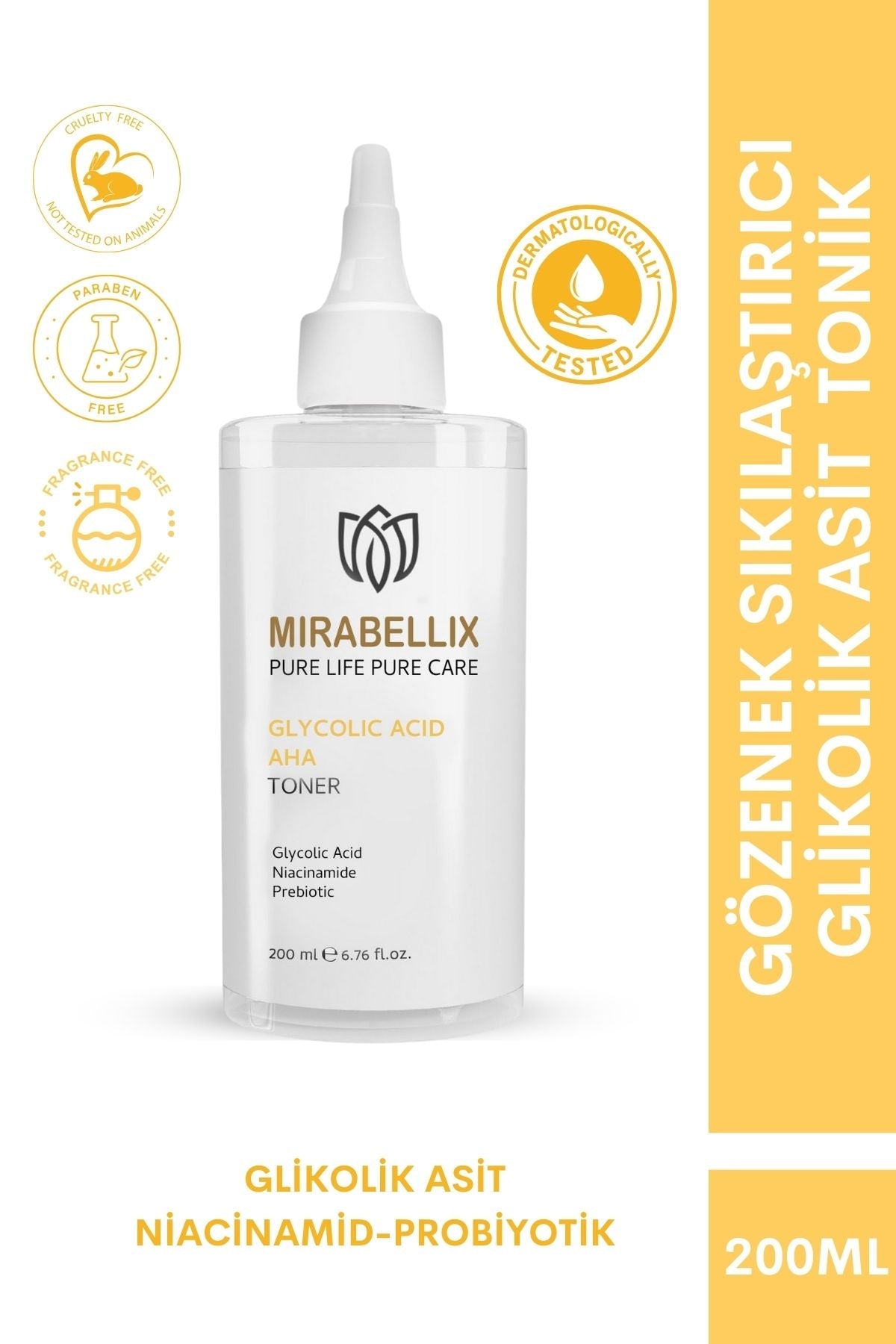 Mirabellix, Glikolik Asit & Niasinamid İçeren Aydınlatıcı ve Gözenek Sıkılaştırıcı Tonik – Prebiyotik Destekli 200 ml