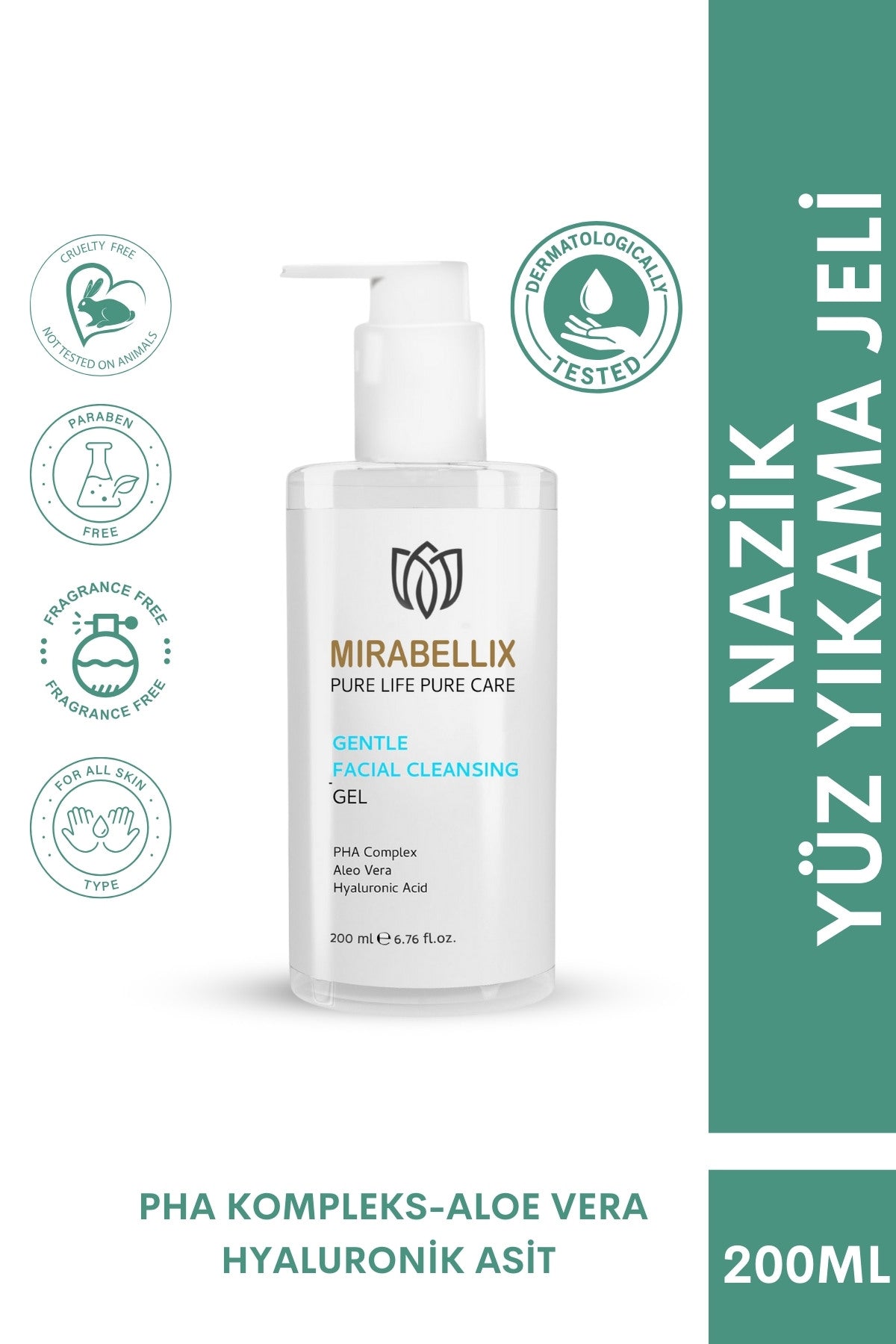 Mirabellix, Nazik & Nemlendirici Yüz Temizleme Jeli – Hyaluronik Asit, Aloe Vera ve PHA Kompleksi İçerikli 200 ml